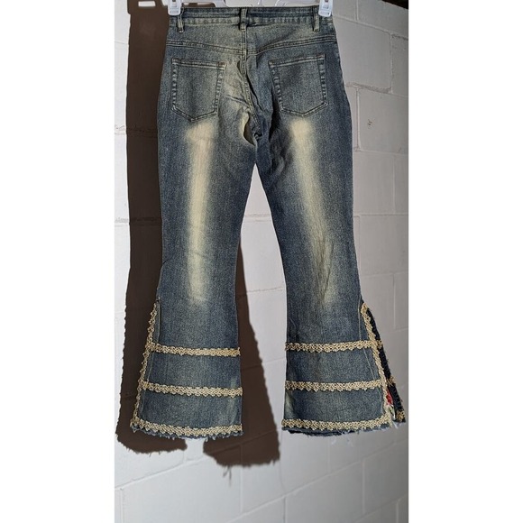 Huadi Flare Denim Jeans Acid Wash Lace Trim Floral Inset Bell Bottom Y2K 4 - Picture 2 of 5